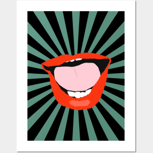 Funky colorful lips on sunburst background Posters and Art